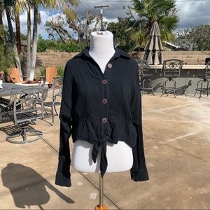 Free People Gauze Black Semi Cropped Long Sleeve Top Tie Shirt